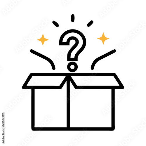 Outline mystery box icon with question mark and spark lines