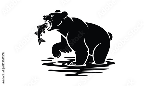 Bear Catching Fish Silhouette