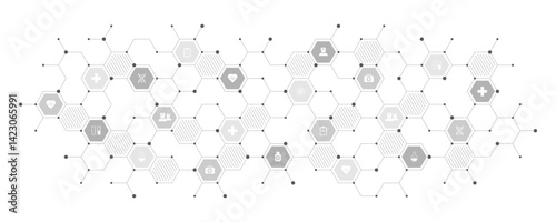 Medical background and healthcare technology with flat icons and symbols. Concept and idea for health care business, innovation medicine, health safety, science, medical research, and development.