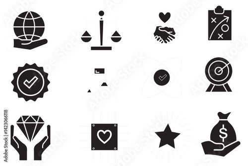Set of core values icon vector. Containing business, empathy, service, Integrity, mission target, innovation, friendship, technology, success, responsibility. Illustration