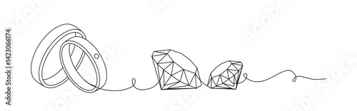 single line art of wedding ring and diamond. symbol of investment and everlasting love. vector illustration