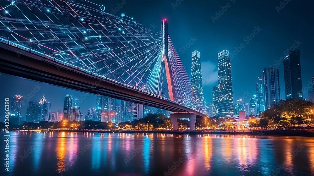 Naklejka premium City Skyline View with Bridge at Night and Water Reflections