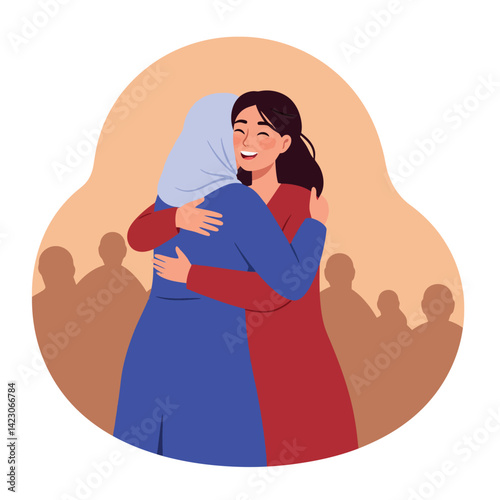 Two women hugging warmly in a friendly embrace showing connection and support in a simple vector illustration 