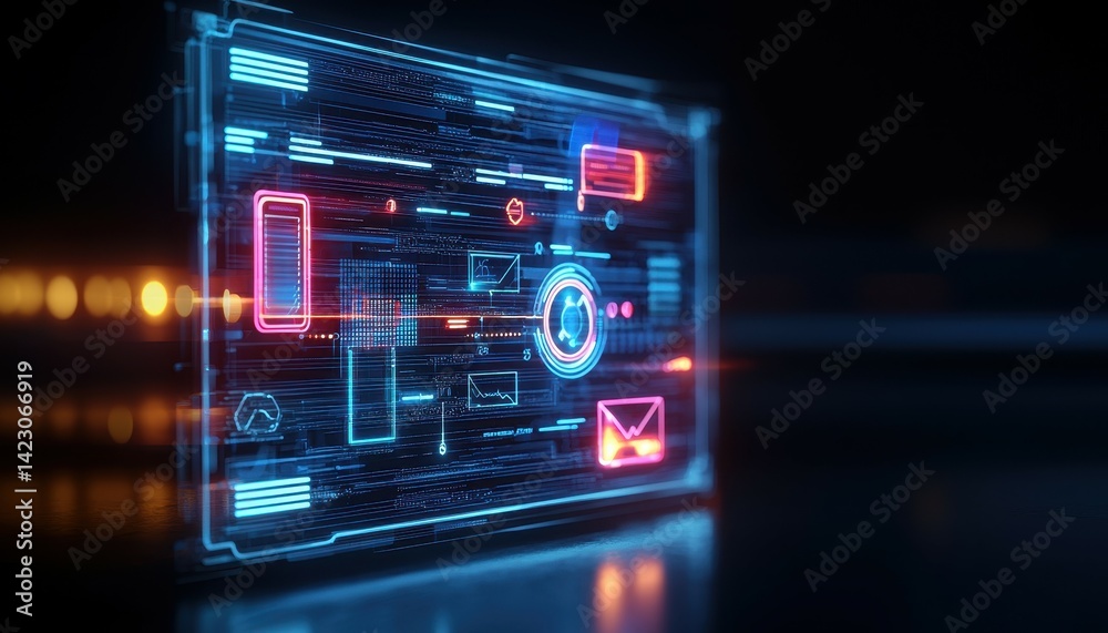 Futuristic digital interface with glowing icons representing communication technology.