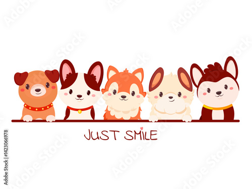 Just smile. Frame with little puppies. Decorative border with five cute dog. Childish print with tiny puppy for t-shirt print, sticker, greeting card design. Vector illustration EPS8