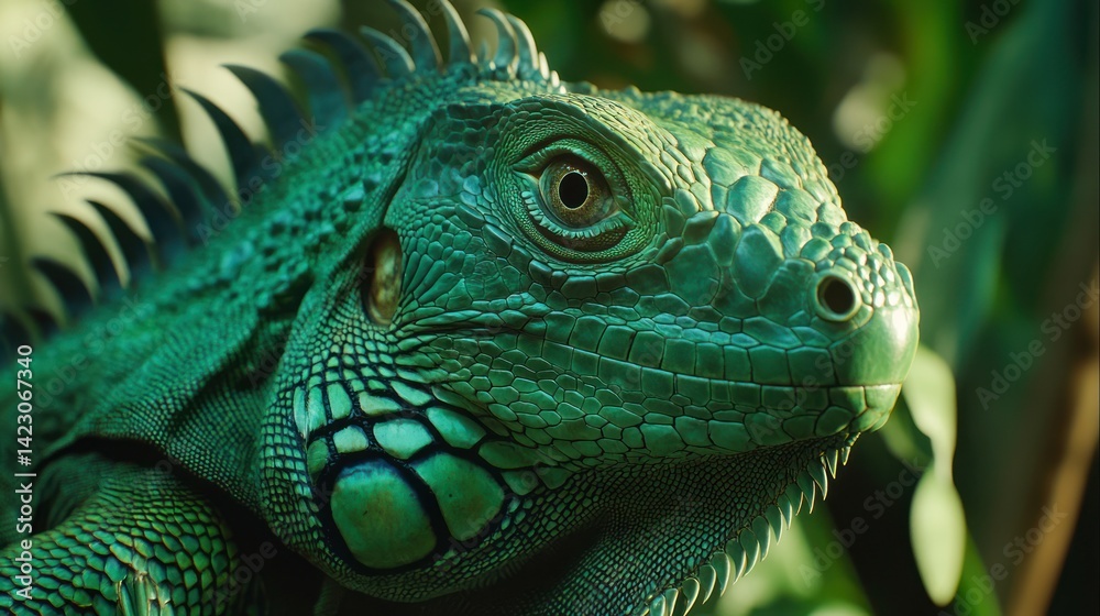 Fototapeta premium Close-up of vibrant green iguana in jungle setting. Possible use Nature photography