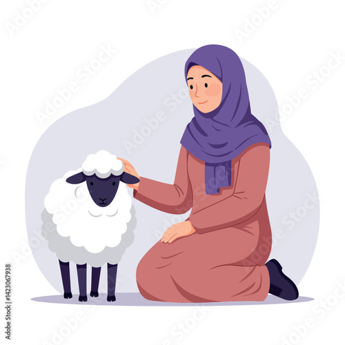 Woman in hijab petting white fluffy sheep sitting on ground in peaceful moment vector illustration 