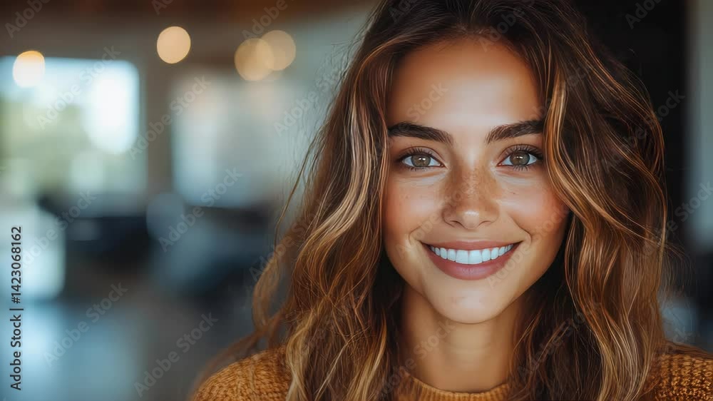 Smiling woman in a cozy sweater, warmly lit indoors, evoking comfort and happiness Smiling woman in a cozy sweater, warmly lit indoors, evoking comfort and happiness