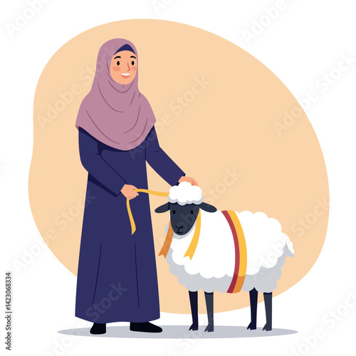 Muslim woman holding a sheep with colorful ribbon vector illustration in modest clothing and hijab 
