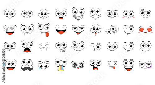 Collection of emoticons with different mood. Set of volumetric cartoon emoji faces in different expressions - happy, sad, cry, fear, crazy. On white background. Vector illustration EPS8