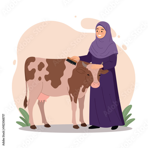 Woman in purple hijab grooming brown and white cow in outdoor farm setting vector illustration 