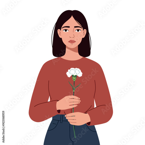 Woman holding white carnation flower in red sweater and blue jeans vector illustration for thoughtful emotion and calm mood 