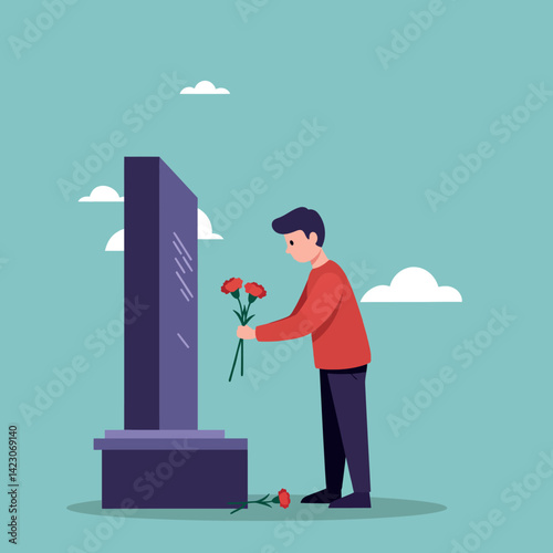 Man laying flowers at grave monument in calm outdoor cemetery scene vector illustration 