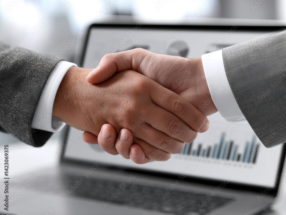 A strong handshake over a laptop with financial charts displayed, depicting digital business partnership - entrepreneur strategy contract technology trading A strong handshake over a laptop with financial charts displayed, depicting digital business partnership - entrepreneur strategy contract technology trading