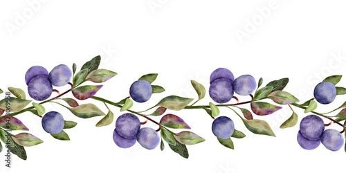 Blueberry seamless border, banner with green leaves on branch, hand drawn watercolor, ripe forest berry. Isolated frame botanical illustration for restaurant, cafe menu, wedding, farmers market