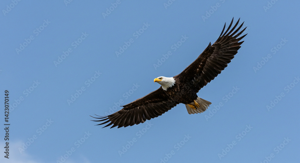 Fototapeta premium Eagle Flying Against a Clear Blue Sky with Wings Spread