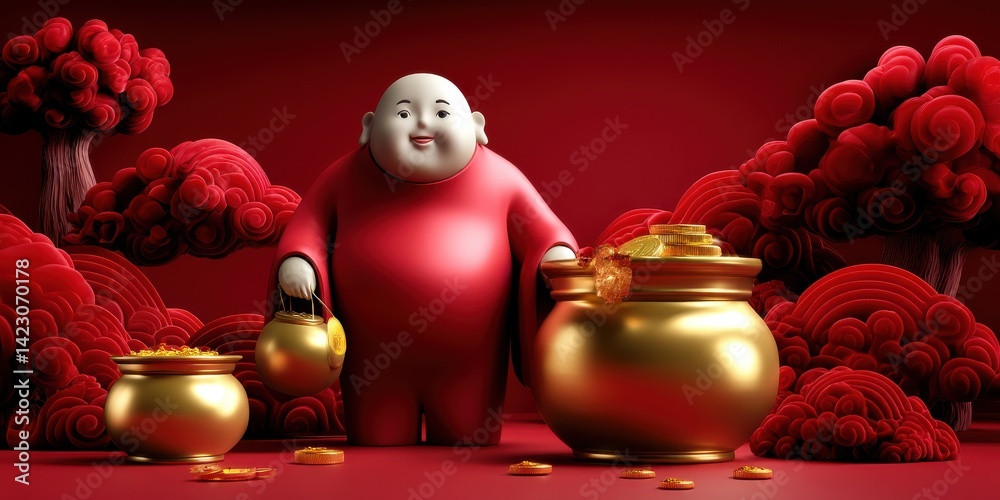Smiling Monk Pouring Gold Coins into Pots Amidst Red Plants Smiling Monk Pouring Gold Coins into Pots Amidst Red Plants