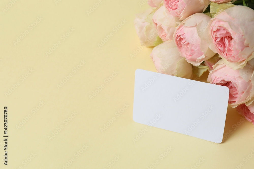Obraz premium Beautiful pink peony roses with paper card on color background