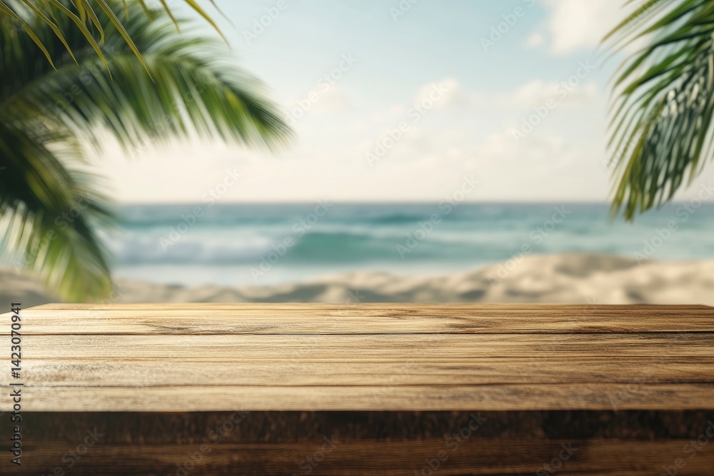 Wooden Table on a Beach Background with Palm Trees Wooden Table on a Beach Background with Palm Trees