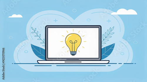 Silver laptop with glowing lightbulb on screen against soft blue backdrop, Innovation and digital solutions symbolized by a lightbulb on a modern laptop.

