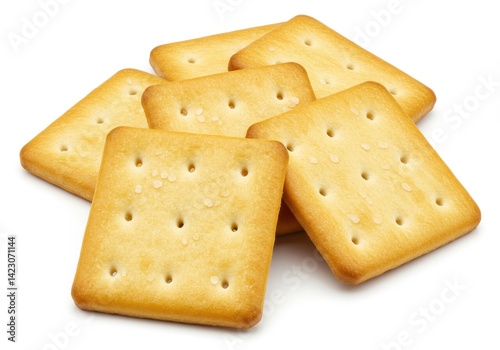 Square salted crackers with golden hue and pinholes arranged casually on white background