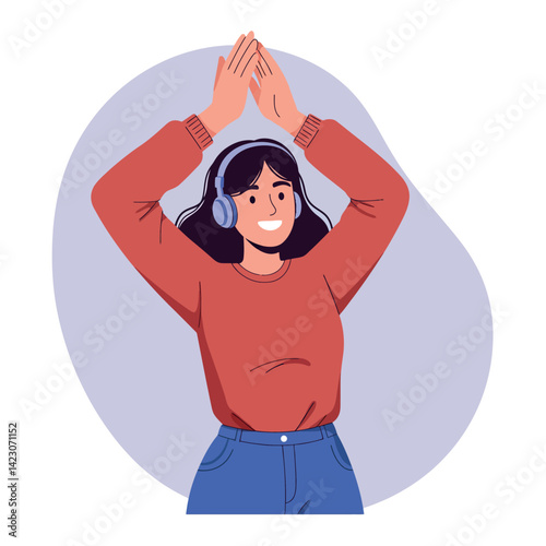 Young woman enjoying music with headphones and red sweater raising hands happily in casual style vector illustration 