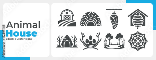 A collection of black animal house icons showing nests hives burrows and other natural shelters in a simple flat design