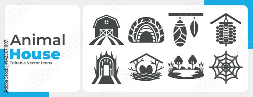 A collection of animal house icons showing different shelters like nests hives barns and webs in a simple graphic style