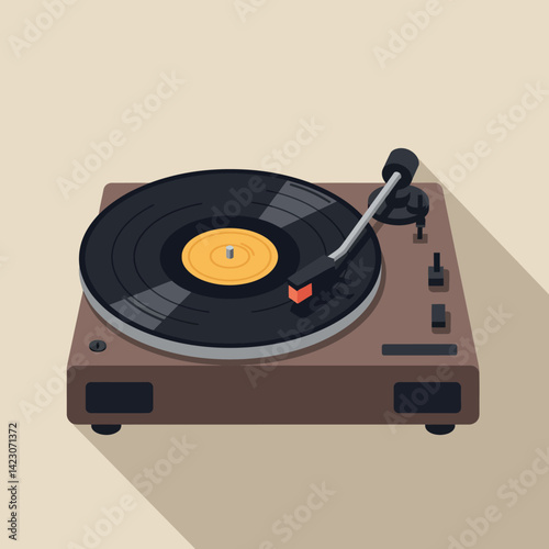 Vintage vinyl record player turntable with stylus and brown base flat design vector illustration 