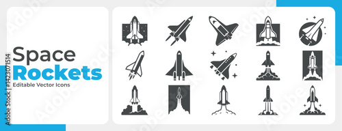 Multiple black and white rocket icons show different types of space shuttles launching flying and landing in various simple graphic styles