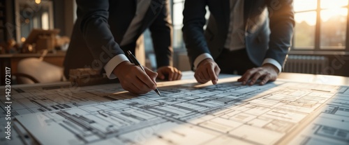Architects Collaborating on Blueprint Designs in Modern Office with Natural Light and Large Windows