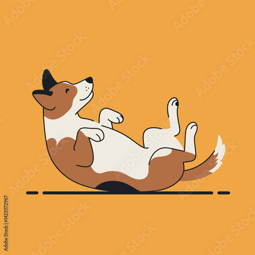 Welsh Corgi Dog Lying on Back Relaxing on Orange Background Vector Illustration 