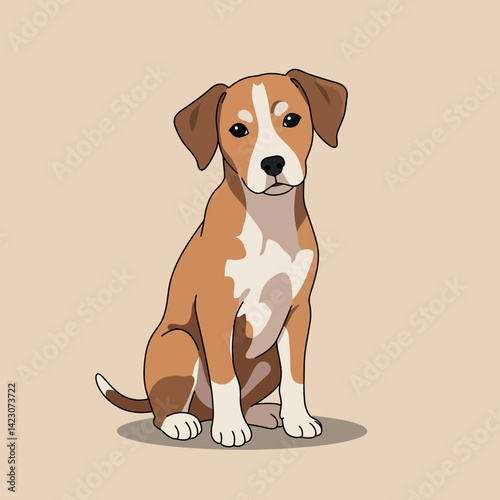 Sitting brown and white dog with attentive expression vector illustration on beige background 