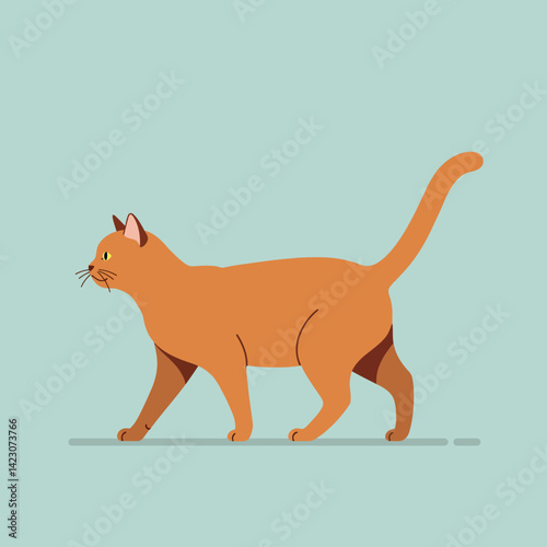 Orange cat walking on light blue background simple flat style vector illustration 