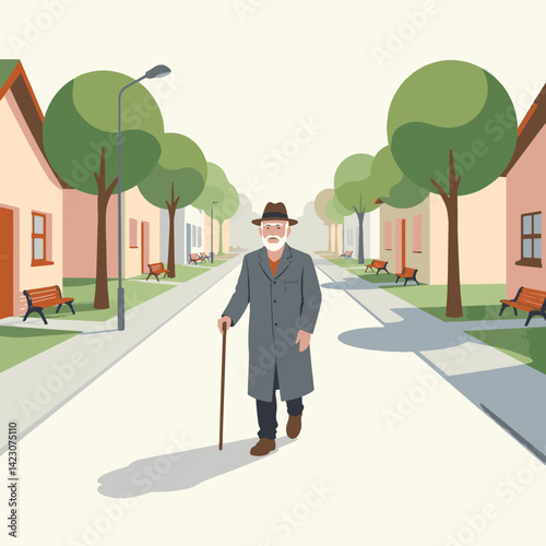 Elderly man walking with cane in suburban street, journey of life