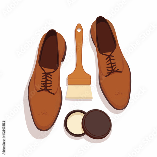 Classic shoe polishing kit with brown shoes, simplicity and care