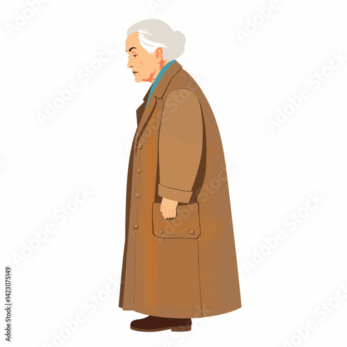 Elderly woman in oversized coat standing calmly, simplicity and warmth