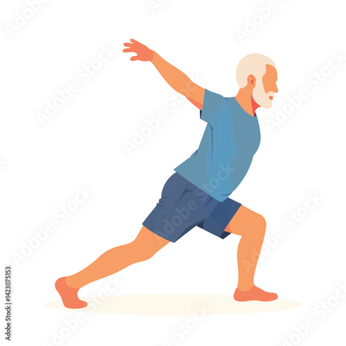 Elderly man stretching in vibrant pose, fitness and wellness