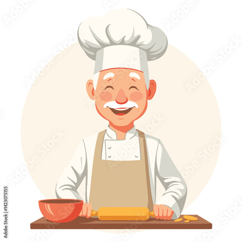 Elderly chef smiling with rolling pin and bowl in kitchen, culinary joy