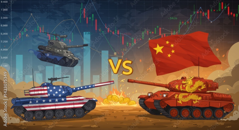 Obraz premium US vs. China: Economic Warfare & Military Tension Illustrated