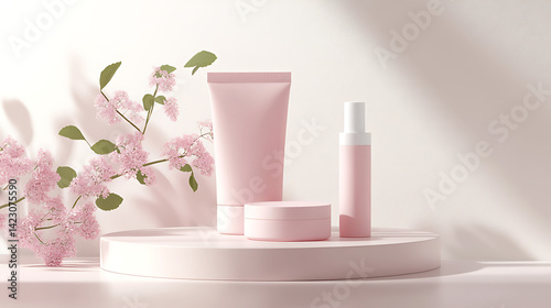 Wallpaper Mural Elegant pink skincare products arranged on a minimalistic surface with fresh flowers Torontodigital.ca