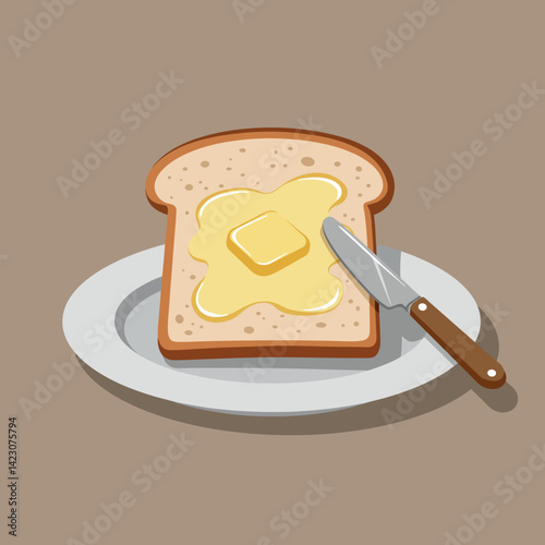 Toast with melting butter on white plate with spreading knife vector illustration in brown background 