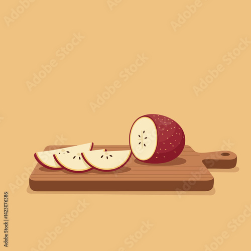 Red apple fruit sliced on wooden cutting board vector illustration in warm beige background natural food design 