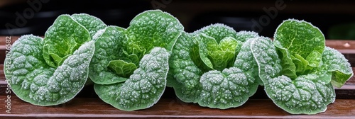 Frosted greens Row of tender baby lettuce adorned with winters icy kiss