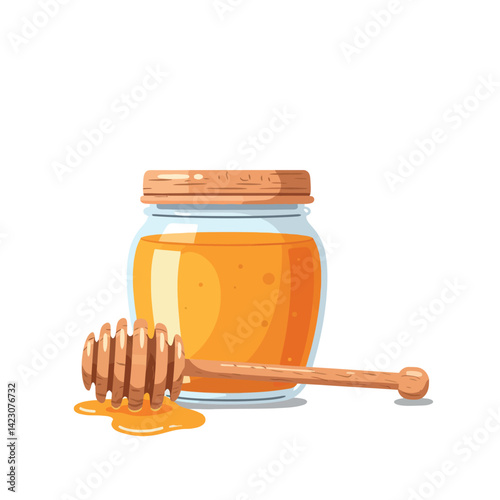 Honey jar with wooden dipper and golden honey drip vector illustration for healthy natural sweetener concept