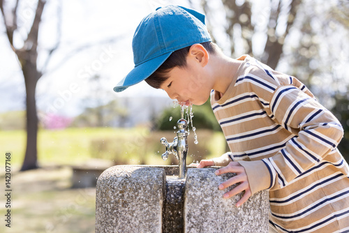 Obraz na płótnie 公園の水道で水を飲む男の子 w salonie