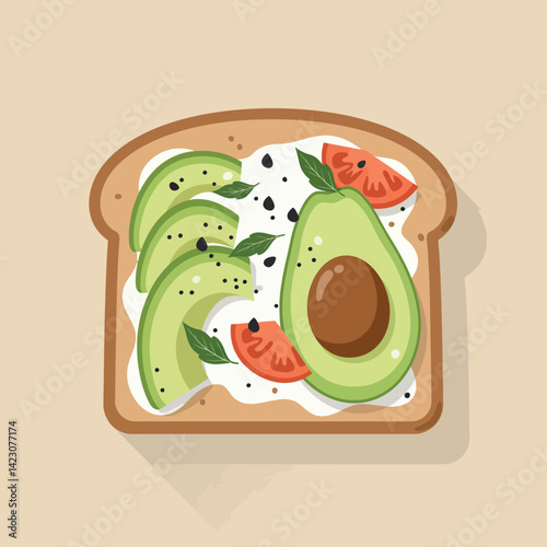 Avocado Toast with Sliced Avocado and Tomato on Bread Vector Illustration in Flat Design Style 