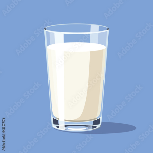 Glass of fresh milk on blue background vector illustration with shadow and transparent details 