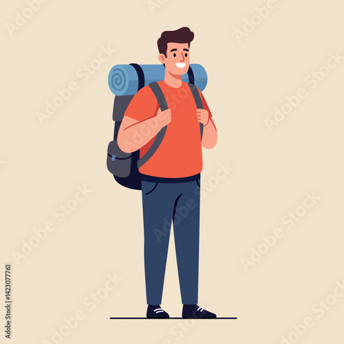 Male hiker with backpack standing and smiling in casual outfit vector illustration 