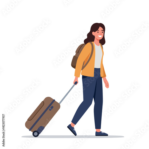Woman traveler walking with rolling suitcase carrying backpack in casual outfit vector illustration 